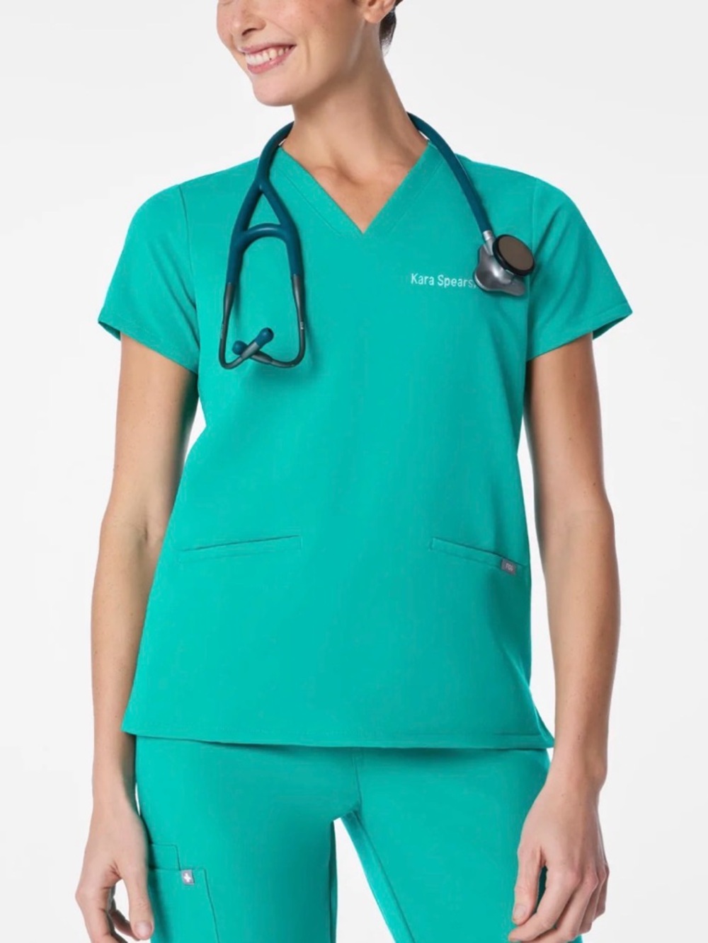 Figs Women's V-Neck Scrub Top — Black & Teal lagoon XS XXS - Picture 6 of 13
